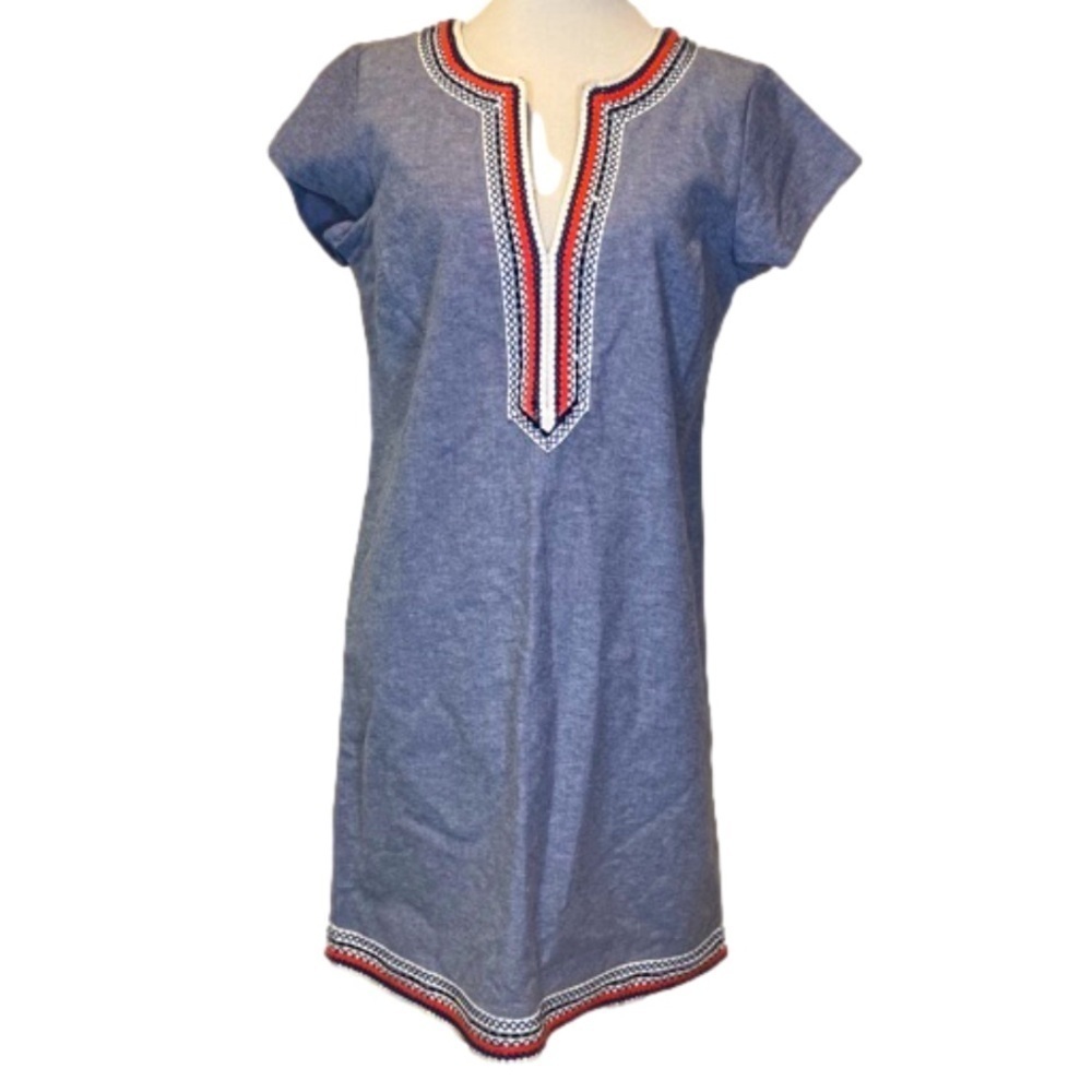 Mud Pie Chambray Midi Tunic Dress Short Sleeve Embroidered Sequin Summer Small